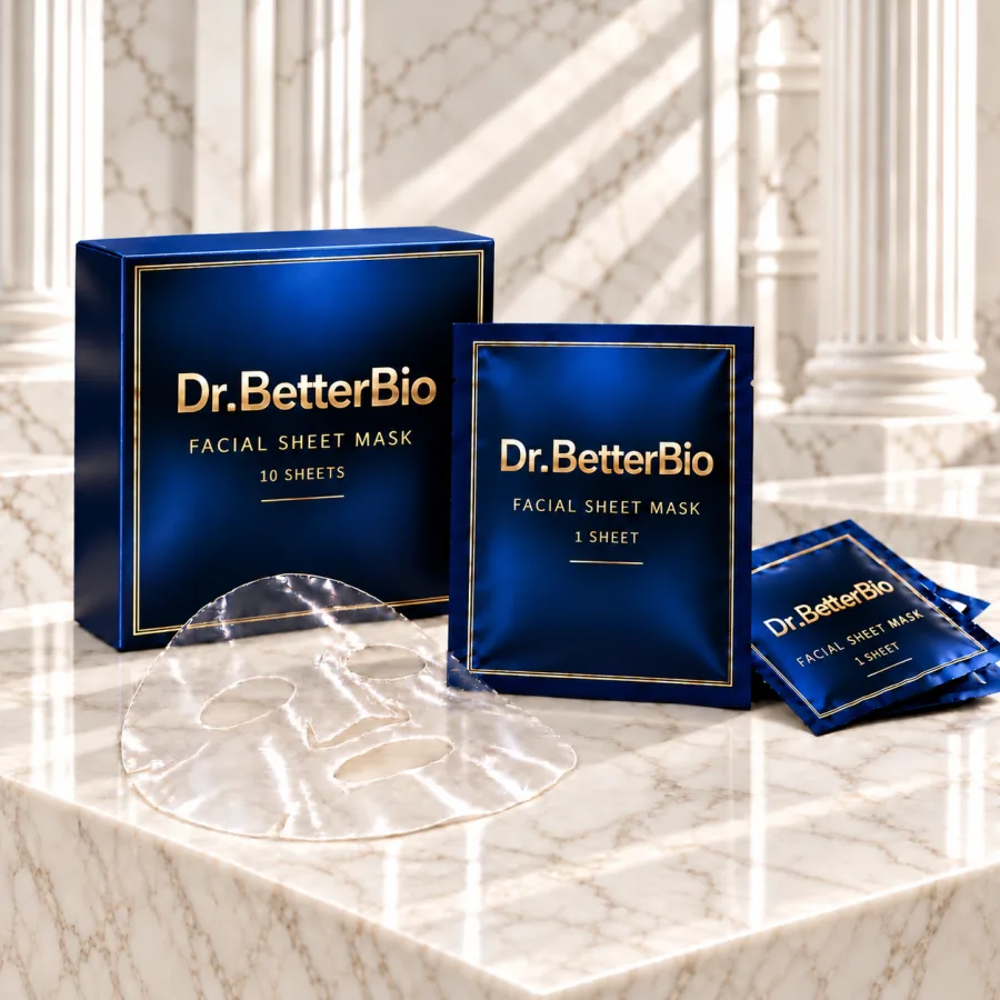 Dr.BetterBio Facial Sheet Mask box and sachets on marble
