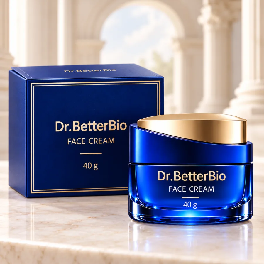 Dr.BetterBio Face Cream jar and box in a marble colonnade